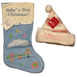 Baby's First Christmas Stocking & Hat Set Blue Pink Winter Beanie Holiday Decor